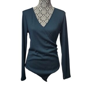NWOT Kaileigh Women's Ribbed Faux Wrap Bodysuit Top L Petite